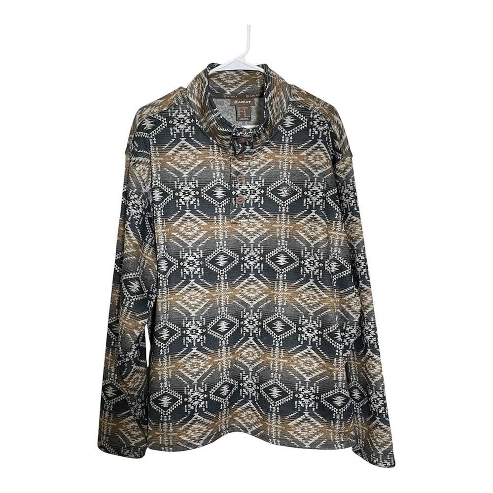 Ariat Mens XL Southwestern Geometric Fleece Pullover Quarter Button Grey Brown